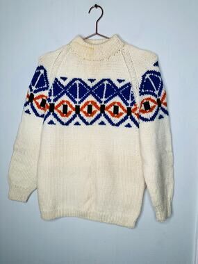 Vintage 70s/80s White Blue Turtleneck Hand Knit Sweater Size Medium